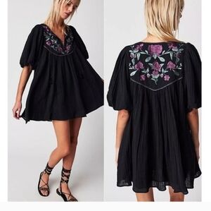 Free People Rosa Linda Black Mini Dress with Pink & Green Floral Embroidery